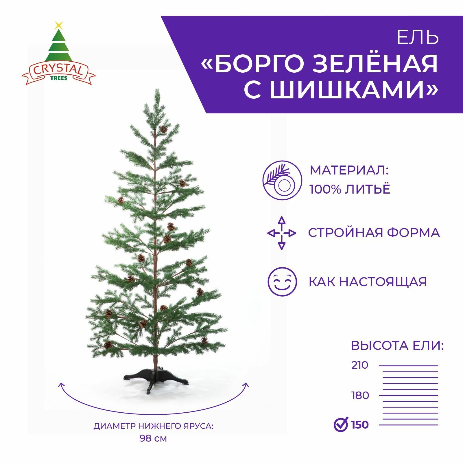 Елка искусственная новогодняя борго зеленая с шишками, Литье(РЕ) 150 см.