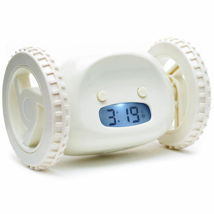 Будильник убегающий на колесах "Clocky" с LED подсветкой. Электронный робот для взрослых и детей, белый, 13.5*9 см