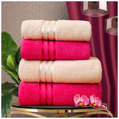 фото Набор из 4 полотенец harmonika цвет: малиновый, светло-бежевый (50х80 см - 2 шт, 70х130 см - 2 шт) dome