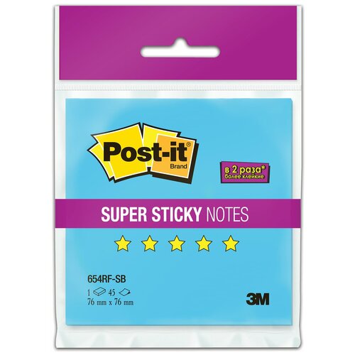 Блок самоклеящийся (стикер) POST-IT Super Sticky, 76×76 мм, 45 л., неоновый голубой, 654RF-SB