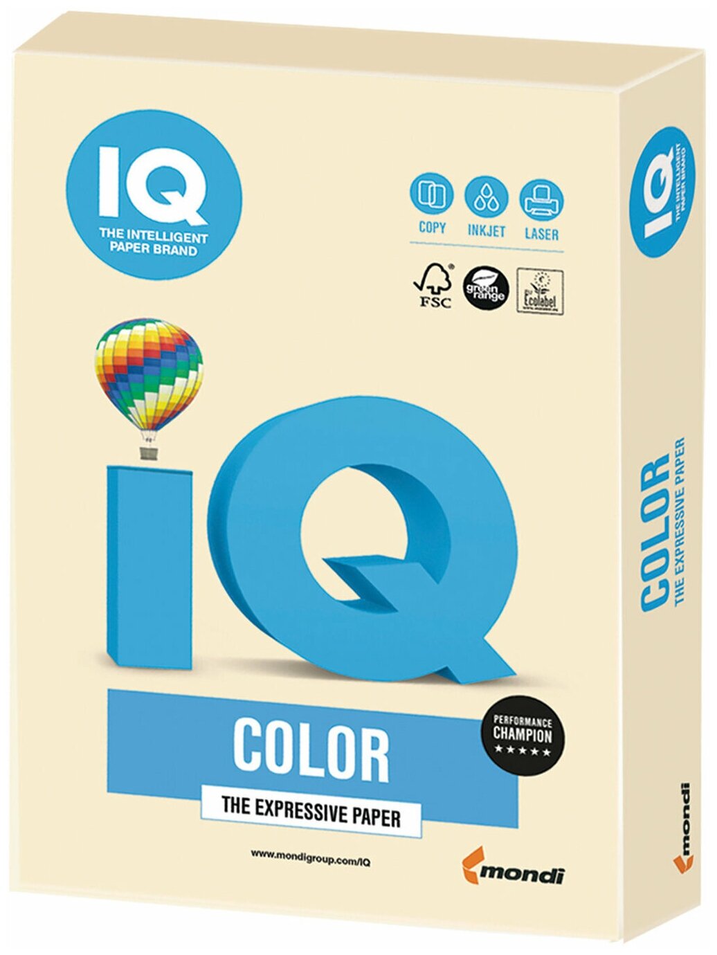 Бумага цветная IQ color, А4, 160 г/м2, 250 л., пастель, кремовая, CR20