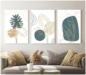 Набор из трех картин на холсте / 60х40 / Абстракция "Зелено-золотая ботаника" / Модульная картина / в кухню / в спальню / в гостиную / на стену