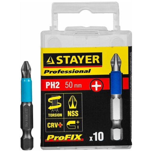 Stayer Биты Stayer Professional Profix Phillips, тип хвостовика E 1/4, № 2, L=50мм, 10шт 26203-2-50-10_z01 биты stayer ″professional″ profix phillips тип хвостовика c 1 4″ 2 l 25мм 10шт