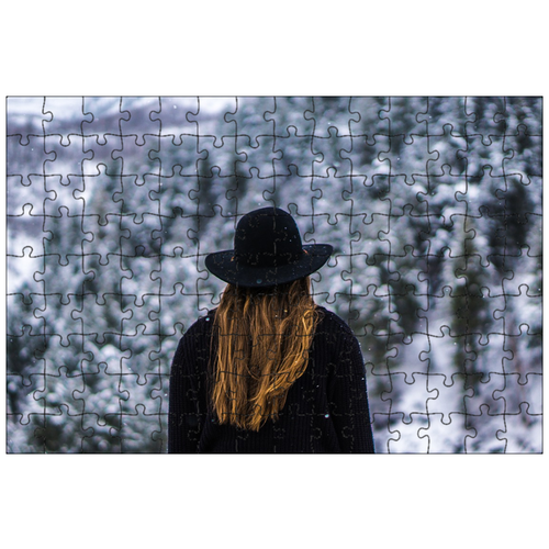 фото Магнитный пазл 27x18см."женщина, лес, черная шляпа" на холодильник lotsprints