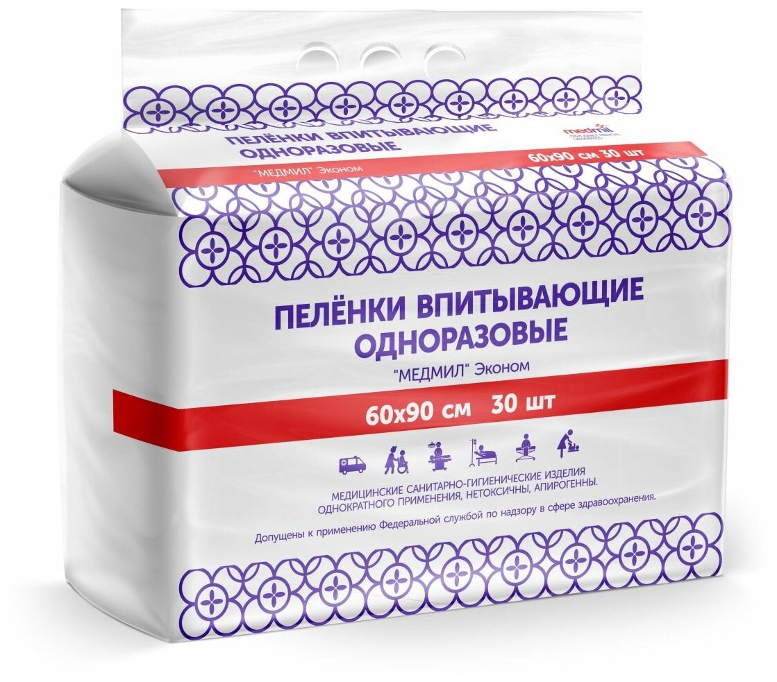 Пеленки впитывающие одноразовые Medmil, эконом, 60 х 90, 30 шт.