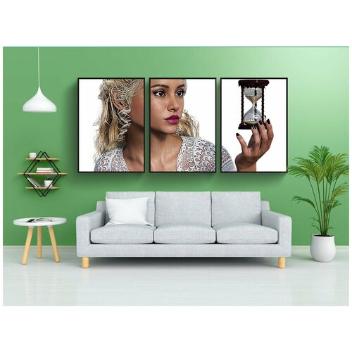 фото Набор модулных постеров для интерьера "девочка, песочные часы, часы" 60x90 см. в тубусе, без рамки lotsprints