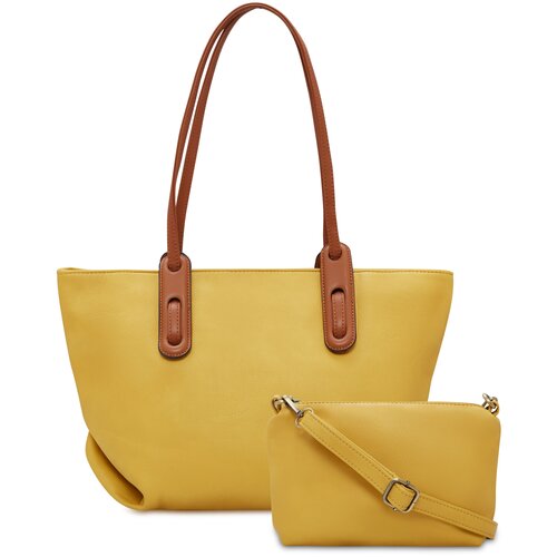 фото Сумка женская senorita натуральная кожа желтая тоут шоппер в комплекте с клатчем и ремнем через плечо.