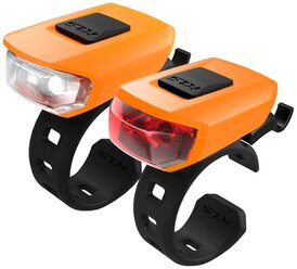 Комплект освещения KLS VEGA оранжевый: 10лм/3лм, 2x LED, режимы: 100% (180ч), 50% (360ч), мигающий (360ч), батарейки 2хCR2032 в компл., универсальное крепление на руль и подс. штырь, влагозащита IPX 4