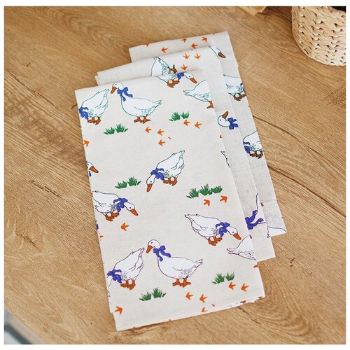 Набор полотенец кухонных / Гуси Чешские на льне / 3 шт. / 45*60 см / кухонное полотенце / набор полотенец / 8 марта / Пасха / гуси текстиль кухня