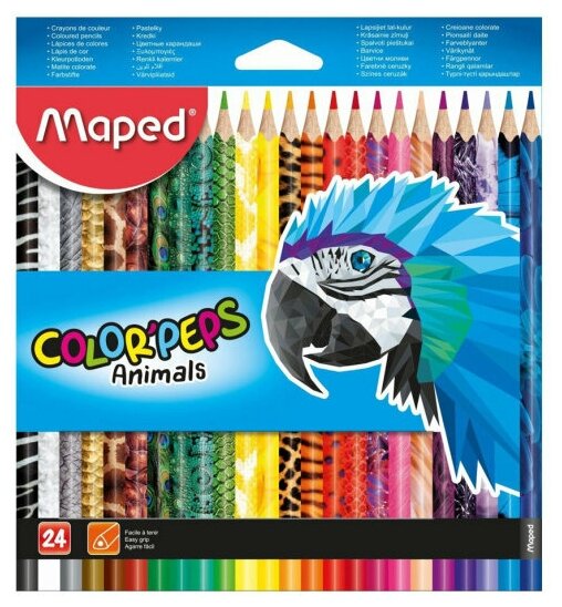 Цветные карандаши, 24 цвета, MAPED COLOR'PEPS ANIMALS декорированные, в картонной коробке