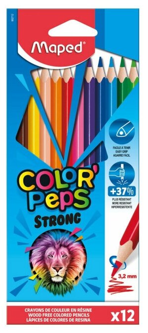 Карандаши цветные 12 цветов Maped Color'Peps Strong (L=208мм, D=8.6мм, 3гр, пластик) картон, европодвес (862712)