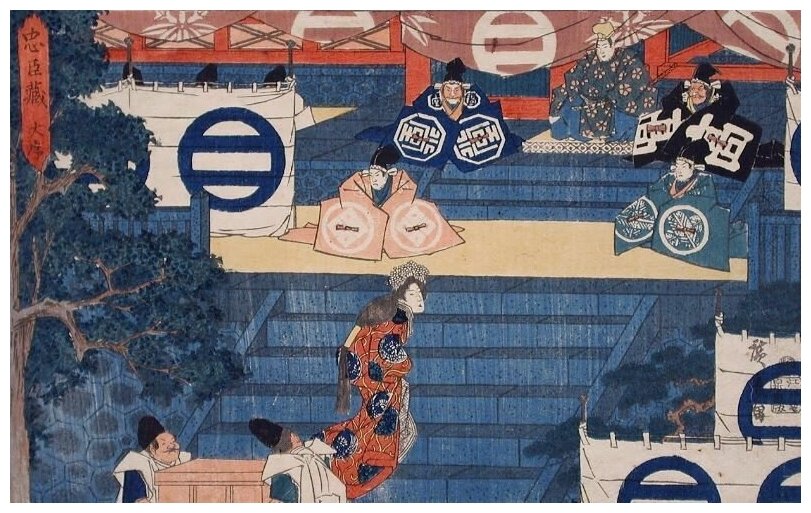 Репродукция на холсте Леди Каоё (1835-1839) (Act I: Lady Kaoyo Mounting the Steps at Hachiman Shrine for the Identification of Her Dead Master's Helmet) Утагава Хиросигэ 48см. x 30см.