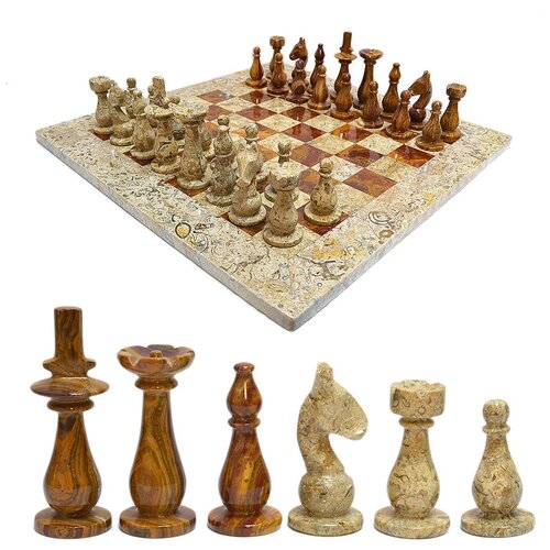фото Радугакамня шахматы из ракушечника и коричневого оникса 370*370мм