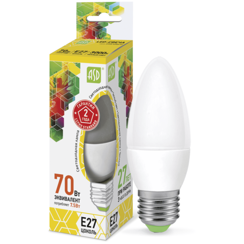 Лампа светодиодная ASD LED-СВЕЧА-STD 3000K, E27, C37, 7.5 Вт, 3000 К