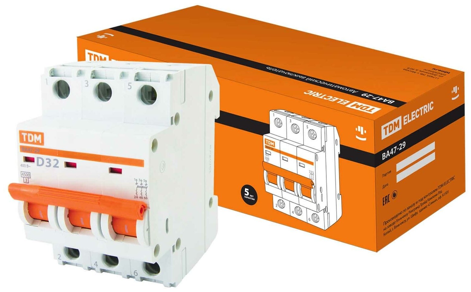 Выключатель автоматический ВА47-29 32А 3П трехполюсный D 4,5кА (SQ0206-0176) TDM