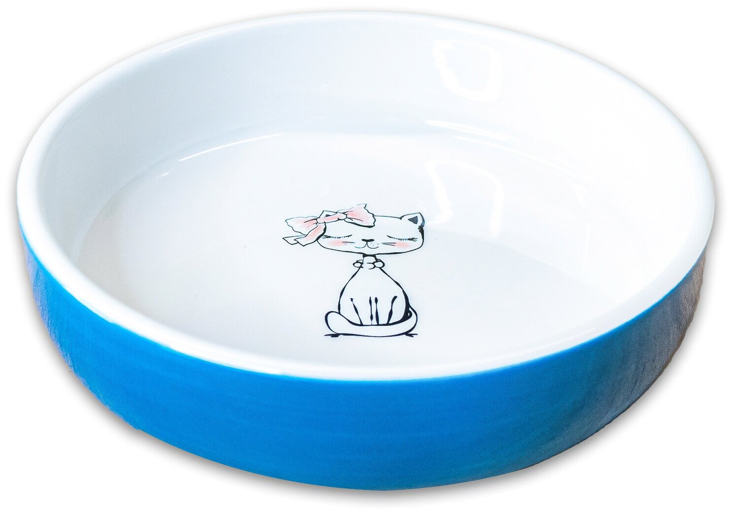 Миска керамическая КерамикАрт для кошек 370мл Кошка с бантиком, голубая - фотография № 5