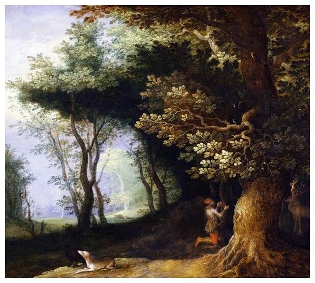 Репродукция на холсте Лесной пейзаж с обращением св Евстафия Брейгель Ян Старший 34см. x 30см.