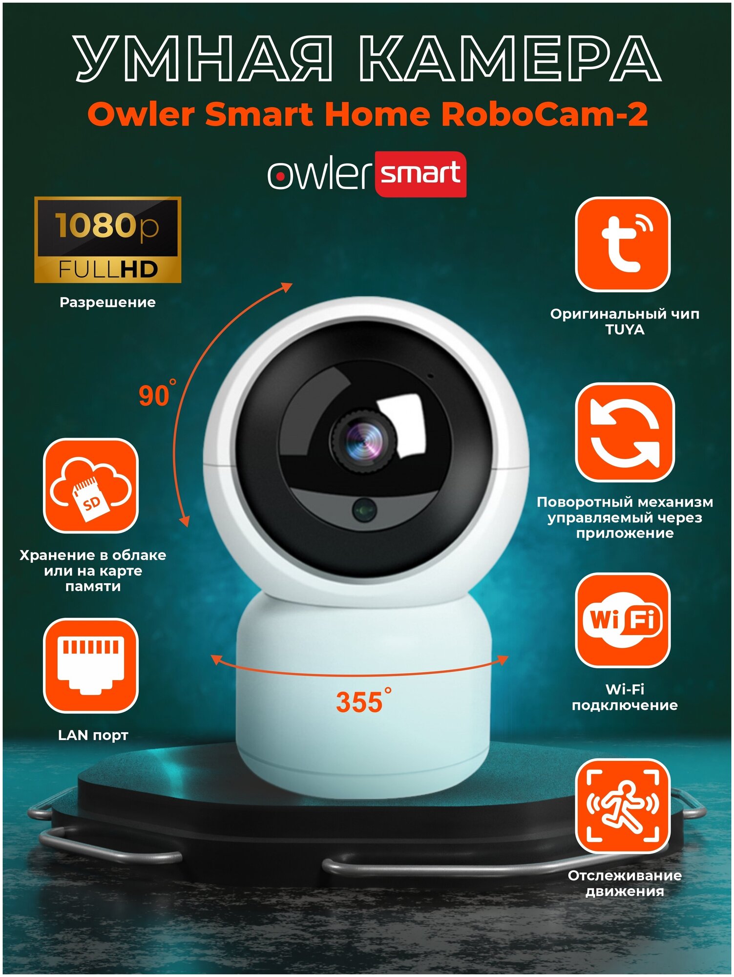 Камера видеонаблюдения для дома Wi-fi Owler Smart Home RoboCam-2 2Мп с LAN портом (обнаружение человека, слежение за объектом, запись в облако) - фотография № 14