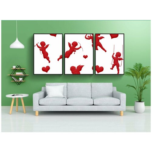 фото Набор модулных постеров для интерьера "валентина купидон, красный, сердца" 60x90 см. в тубусе, без рамки lotsprints