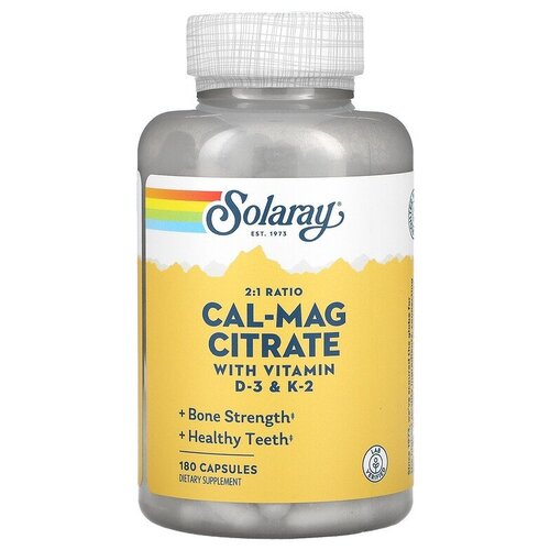 Solaray - Cal-Mag Citrate 2:1 Ratio (180 капсул) - комплекс кальций магний цитрат плюс витамины Д3 и К2 (MK-7)