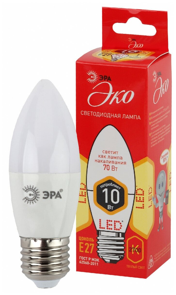ЭРА ECO LED B35-10W-827-E27 ЭРА (диод, свеча, 10Вт, тепл, E27) (10/100/3500)