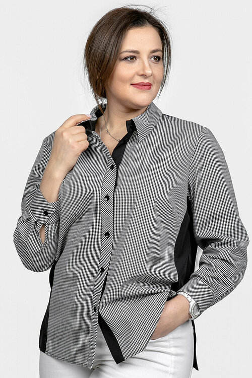 Блуза  SVESTA, повседневный стиль, прямой силуэт, длинный рукав, без карманов, разрез, в клетку, размер 60, черный