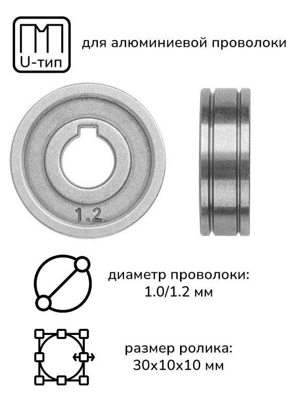 Подающий ролик 30х10х10 (U) 1.0/1.2 для алюминиевой проволоки