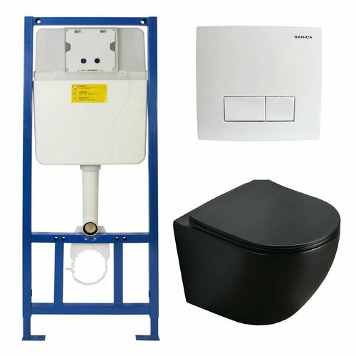Готовый набор подвесного унитаза: инсталляция Sanica с белой панелью смыва + унитаз подвесной Azario Grado-Black
