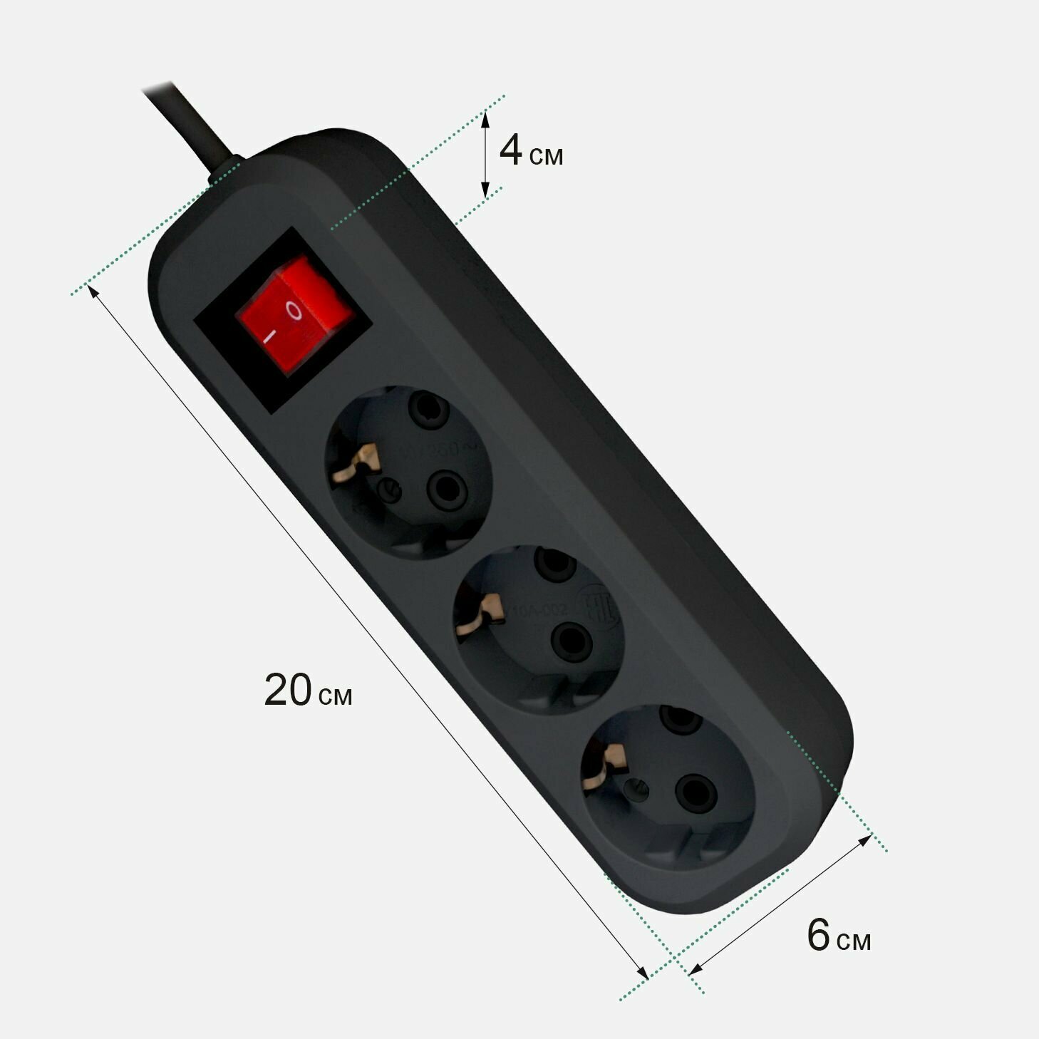 Удлинитель сетевой Progix 3 розетки, 2 метра, с заземлением, с выключателем, черный - фотография № 6