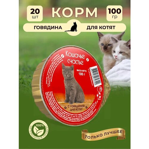 Влажный корм для кошек Кошачье счастье с говядиной для котят, 100 г Х 20 шт