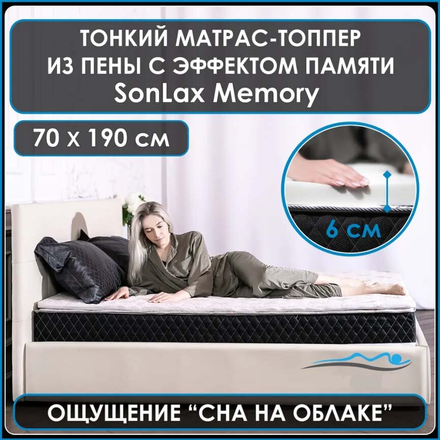 Анатомический тонкий матрас-топпер из пены с эффектом памяти Memory foam 70*190 для дивана, кровати, фиксирующийся на резинках. Беспружинный матрас.