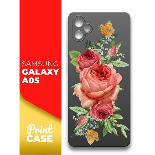 Чехол на Samsung Galaxy A05 (Самсунг Галакси А05) черный матовый силиконовый с защитой (бортиком) вокруг камер, Miuko (принт) Розовые Розы