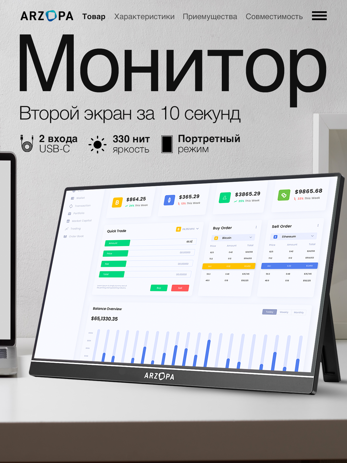 Монитор портативный ARZOPA Z1FC для ПК 144 Гц 16,1 дюймов, игровой экран для компьютера и ноутбука 1920х1080 матрица IPS
