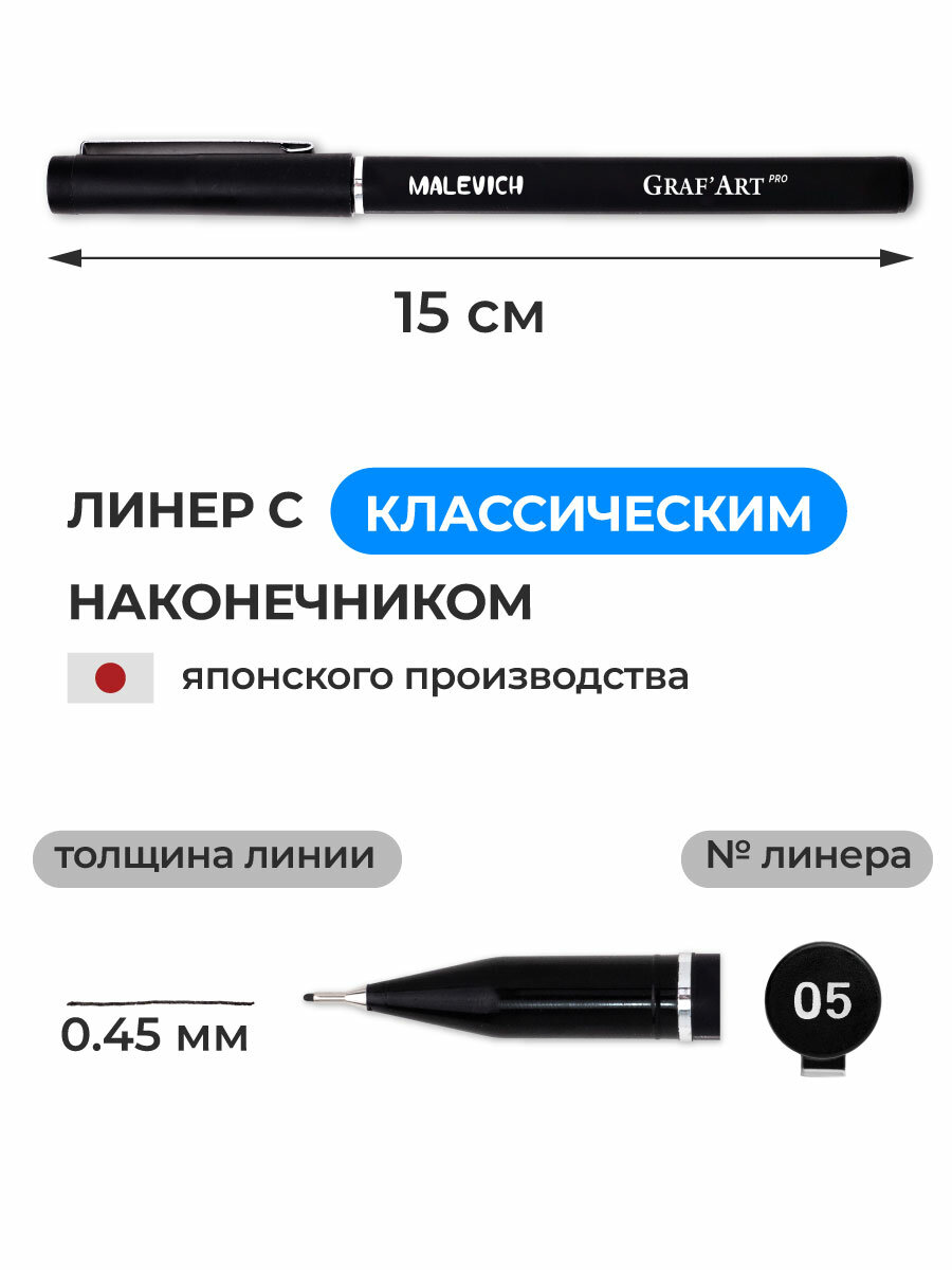 Капиллярная ручка Малевичъ GrafArt PRO, черный линер 05 (линия 0,45 мм) — фото 1