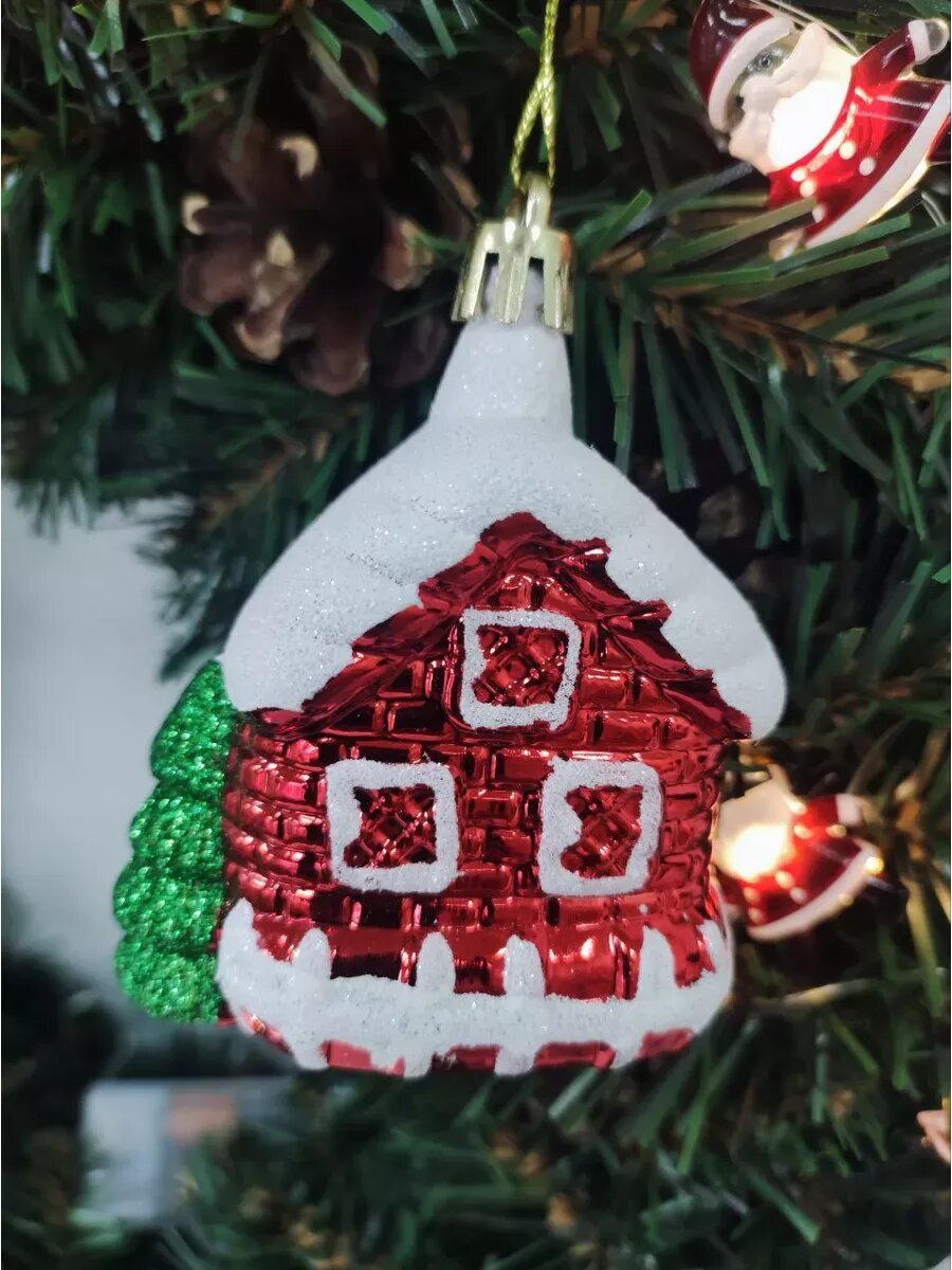 Елочные игрушки Сфера "Домик", пластик, красные, 7 см, в подарочной упаковке, 2 шт. — фото 1