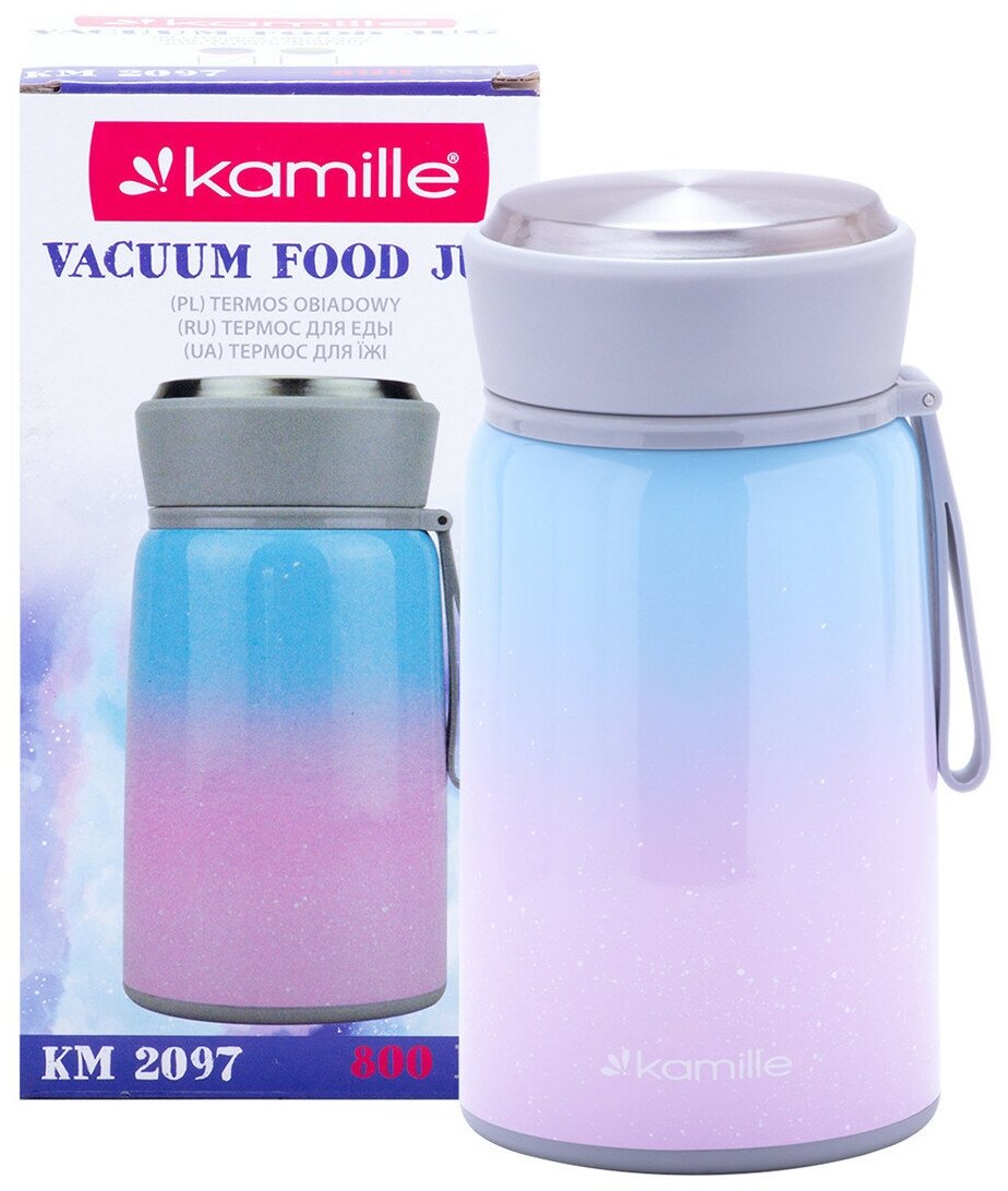 Термос пищевой 800 мл. из нержавеющей стали Kamille KM-2097 розово-голубой и фиолетово-зелёный - фотография № 1