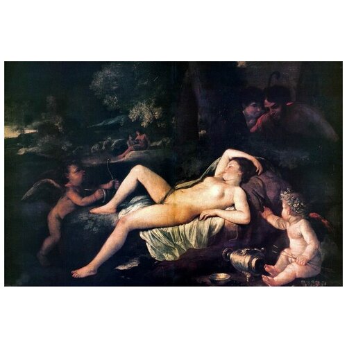 Репродукция на холсте Спящая Венера и Купидон (Sleeping Venus and Cupid) Пуссен Никола 60см. x 40см.