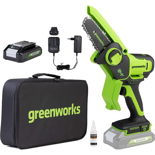 Цепная мини-пила / сучкорез аккумуляторный Greenworks G24MCS10 24V, длина шины 10 см, комплект АКБ 2 Ач +ЗУ