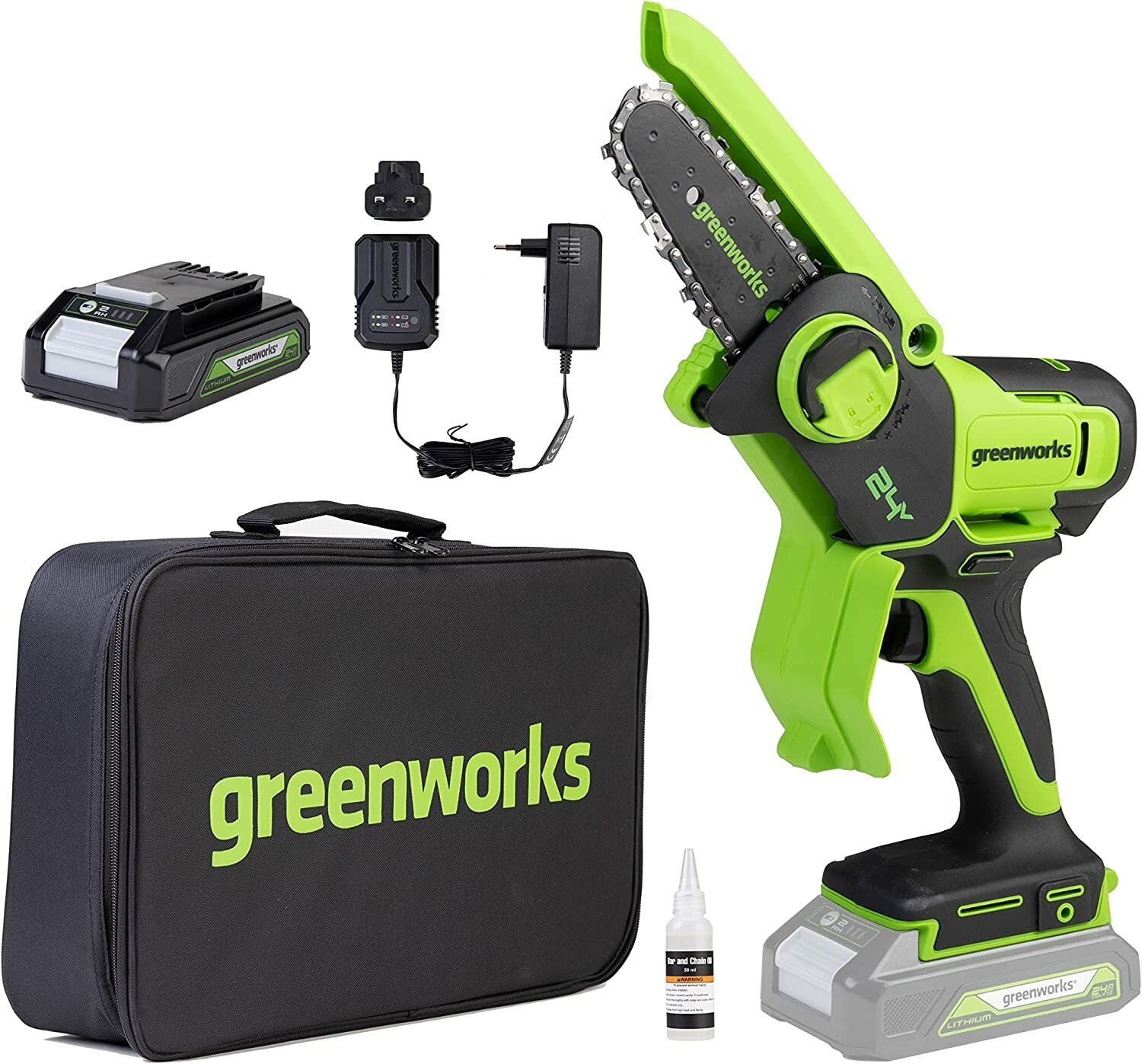 Цепная мини-пила / сучкорез аккумуляторный Greenworks G24MCS10 24V, длина шины 10 см, комплект АКБ 2 Ач +ЗУ - фотография № 1