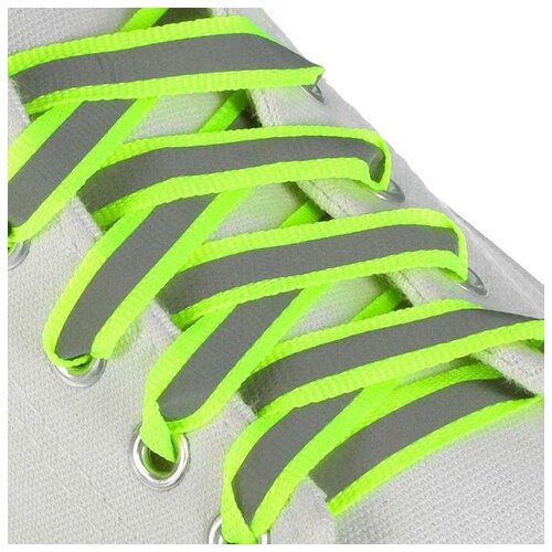 фото Шнурки для обуви, пара, плоские, со светоотражающей полосой, 10 мм, 100 см, цвет зелёный неоновый onlitop