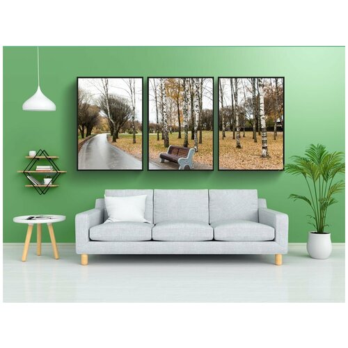 фото Набор модулных постеров для интерьера "осень, асфальт, скамейка" 60x90 см. в тубусе, без рамки lotsprints