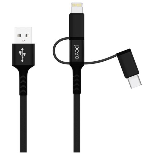 Дата-кабель PERO DC-06 Universal 3 in 1 (Lightning/micro USB/Type-C), 2А, 2м, черный дата кабель pero dc 06 universal 3 in 1 lightning micro usb type c 3а 1м черный