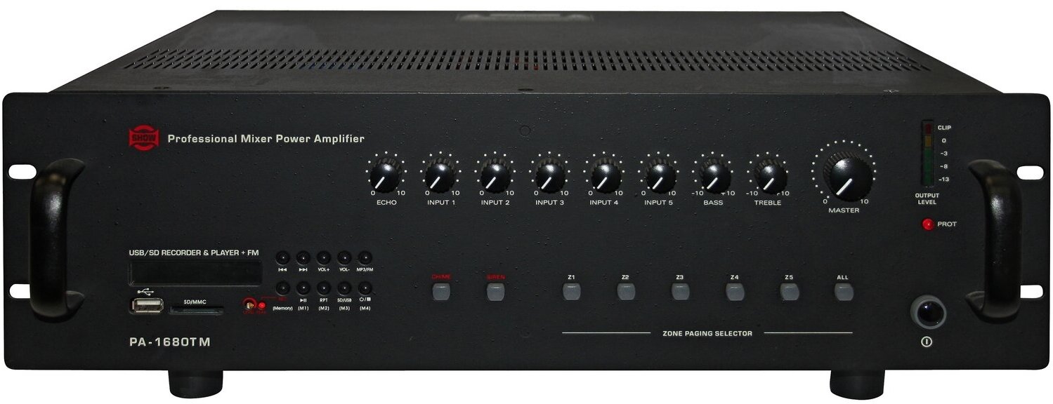 SHOW PA-1680TM Трансляционный усилитель 680 Вт, 70/100 В, MP3, AMFM, 5 зон
