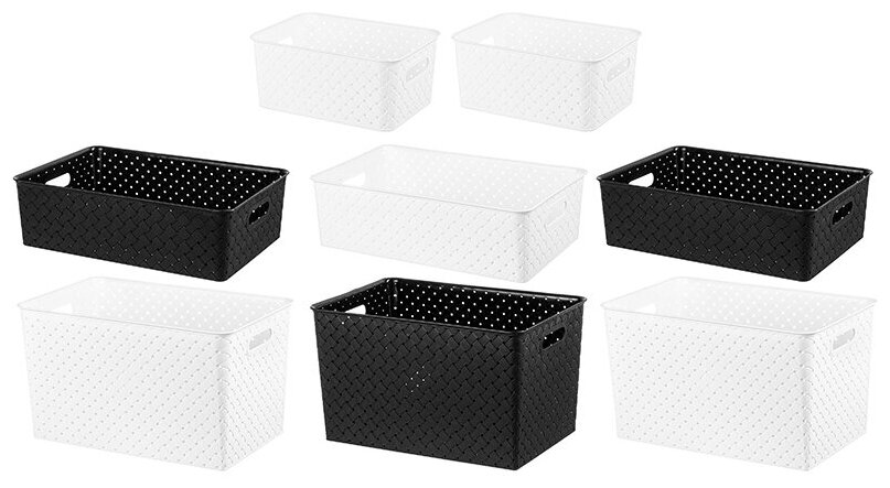 Корзинка / коробка для хранения с крышкой 8 шт Береста 3 л (2 штуки), 7,5 л (3 штуки), 14 л (3 штуки) El Casa, цвет черный, белый, набор - фотография № 4