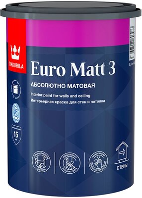 TIKKURILA EURO MATT 3 краска интерьерная для стен и потолков, абсолютно матовая, база A (0,9л)