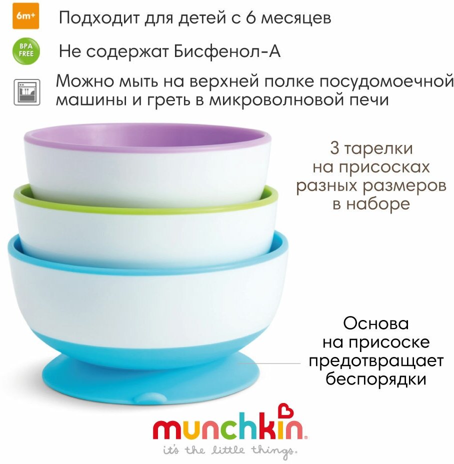 Набор детских тарелок Munchkin Stay Put на присосках 6+ 3шт - фото №1