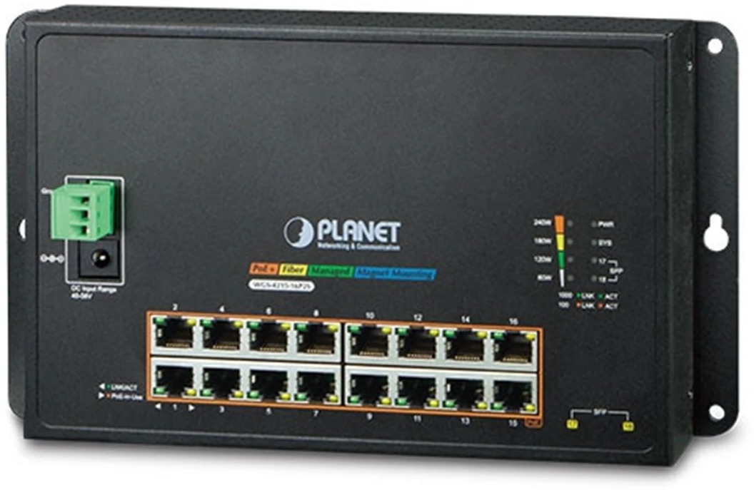 Коммутатор PLANET WGS-4215-16P2S (IP40, IPv6/IPv4, 16-Port 1000T 802.3at PoE + 2-Port 100/1000X SFP Wall-mount Managed Ethernet Switch (-10 to 60 C, dual power input on 48-56VDC terminal block and power jack, SNMPv3, 802.1Q VLAN, IGMP Snooping, SSL,