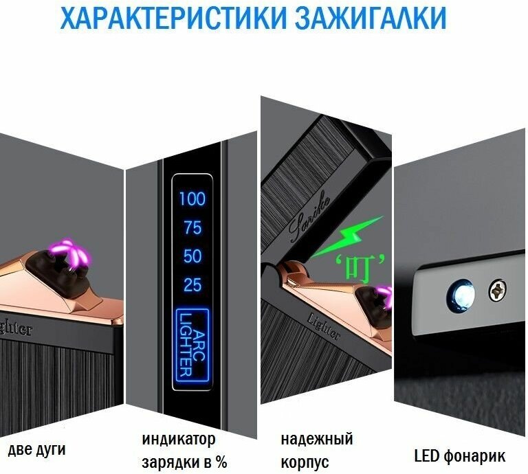 Зажигалка электронная подарочная с индикатором зарядки и LED фонариком, USB, черный сатин - фотография № 8