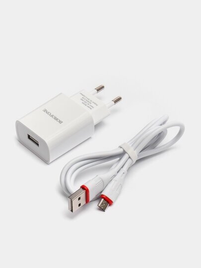 Зарядки для гаджетов XO Сетевой адаптер питания Borofone BA20A Sharp White зарядка 2.1А 1 USB-порт + кабель microUSB, белый