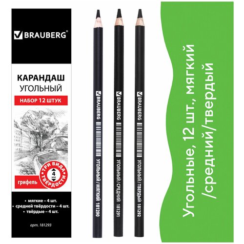 Карандаши (набор 12 ) угольные BRAUBERG ART CLASSIC (мягкий средний твердый), 2 шт